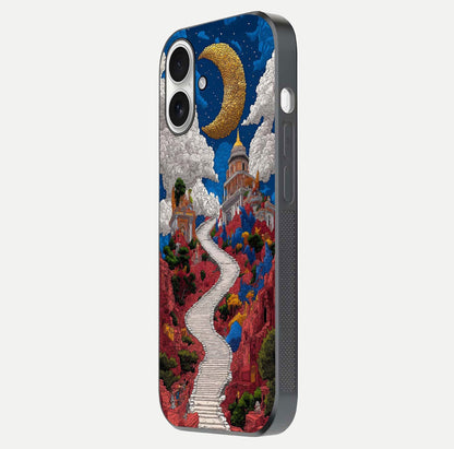 Heavenly Moon Path Glass Case for iPhone 17 side-angle image showing reflection clarity and serene moon glow
