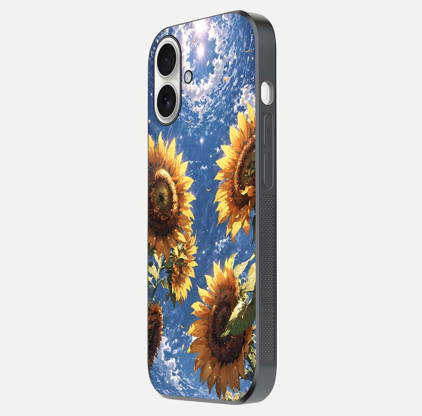 Heavenly Sunflower Rise Glass Case for iPhone 17 side-angle image showing reflection glow and soft yellow tone