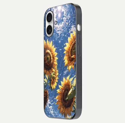 Heavenly Sunflower Rise Glass Case for iPhone 17 side-angle image showing reflection glow and soft yellow tone