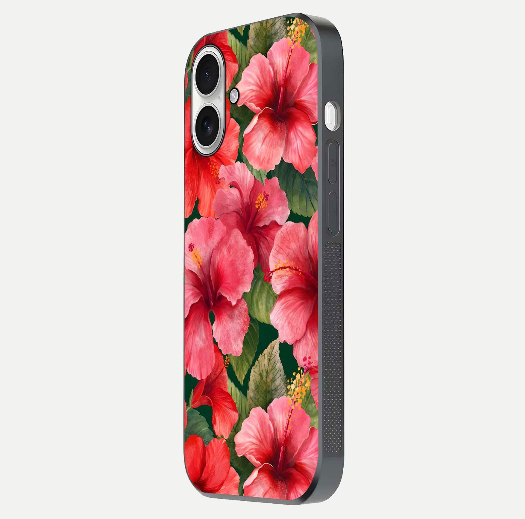 Hibiscus Pattern Glass Case for iPhone 17 side-angle image showing reflection brightness and floral detailing