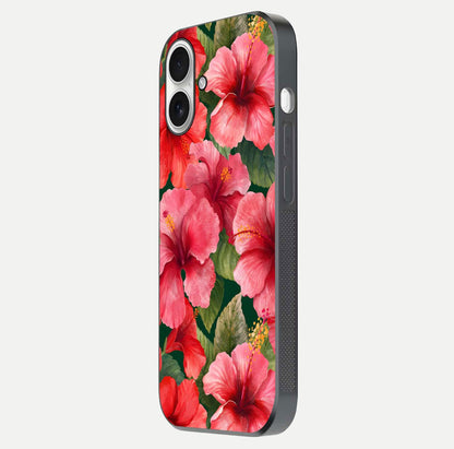 Hibiscus Pattern Glass Case for iPhone 17 side-angle image showing reflection brightness and floral detailing