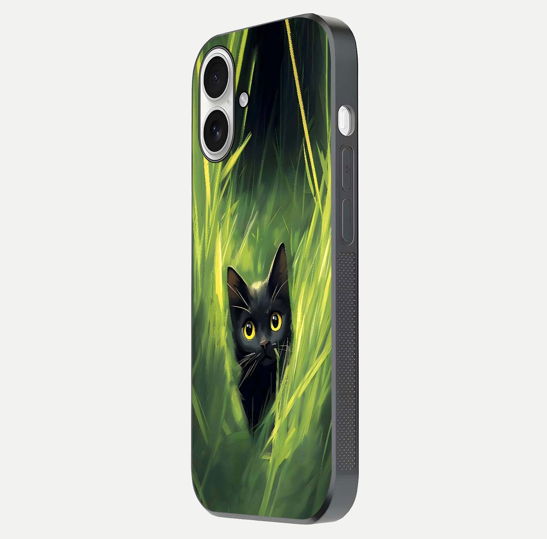 Hidden Cat Whisper Glass Case for iPhone 17 side-angle image showing reflection glow and subtle artistic texture