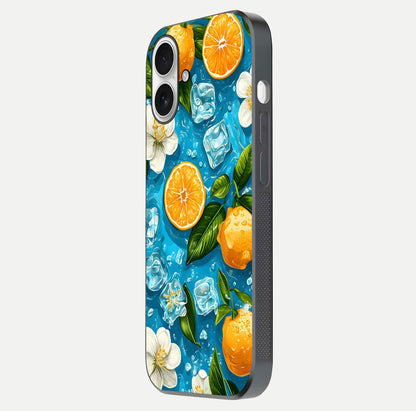 Ice Cube With Orange Glass Case for iPhone 17 side-angle image showing reflection brightness and juicy pattern detail