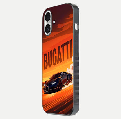 Inferno Bugatti Storm Glass Case for iPhone 17 side-angle image showing reflection glow and vibrant red tones
