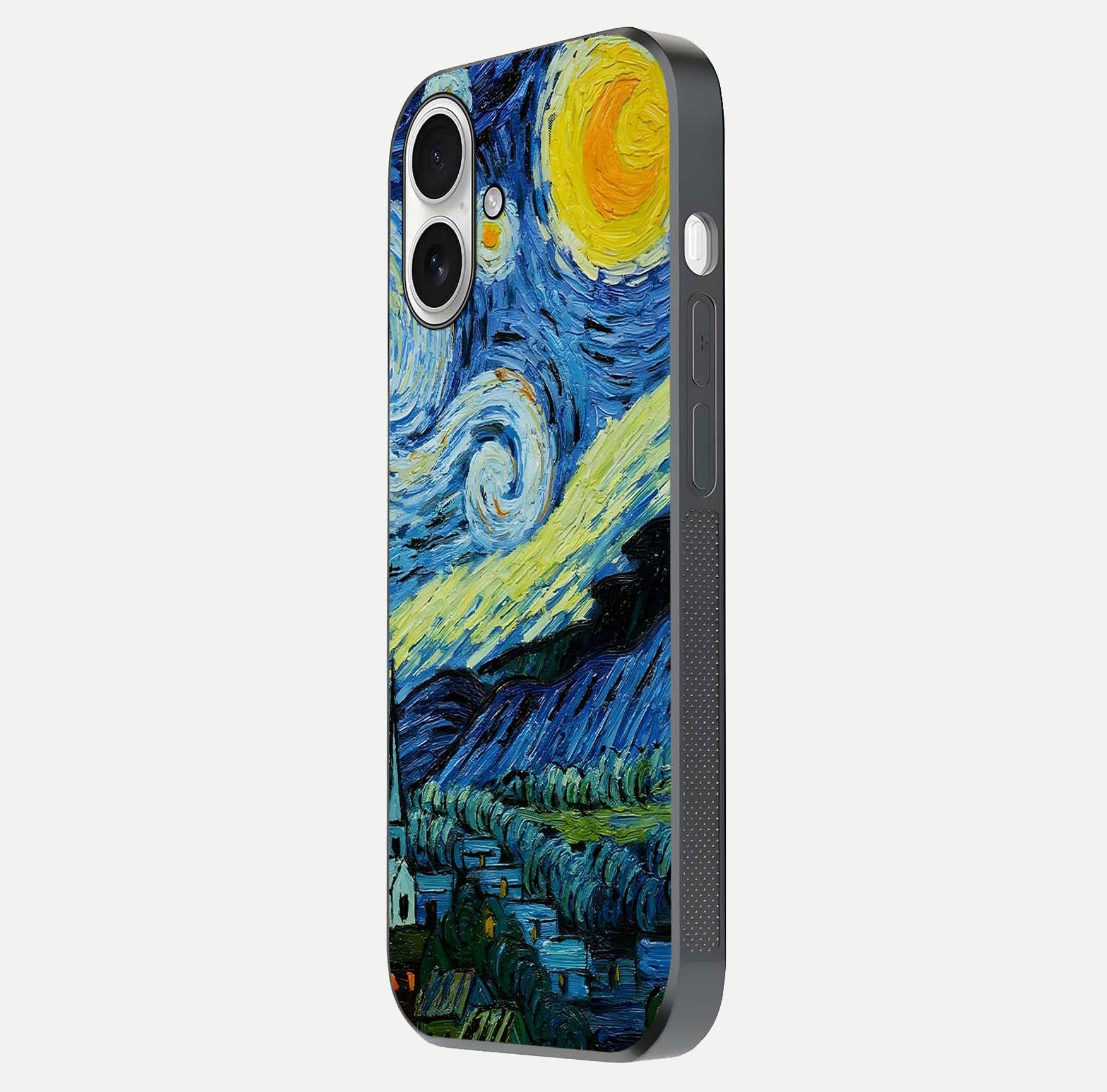 Inspired Van Gogh Art Glass Case for iPhone 17 side-angle image showing reflection brilliance and painted surface look
