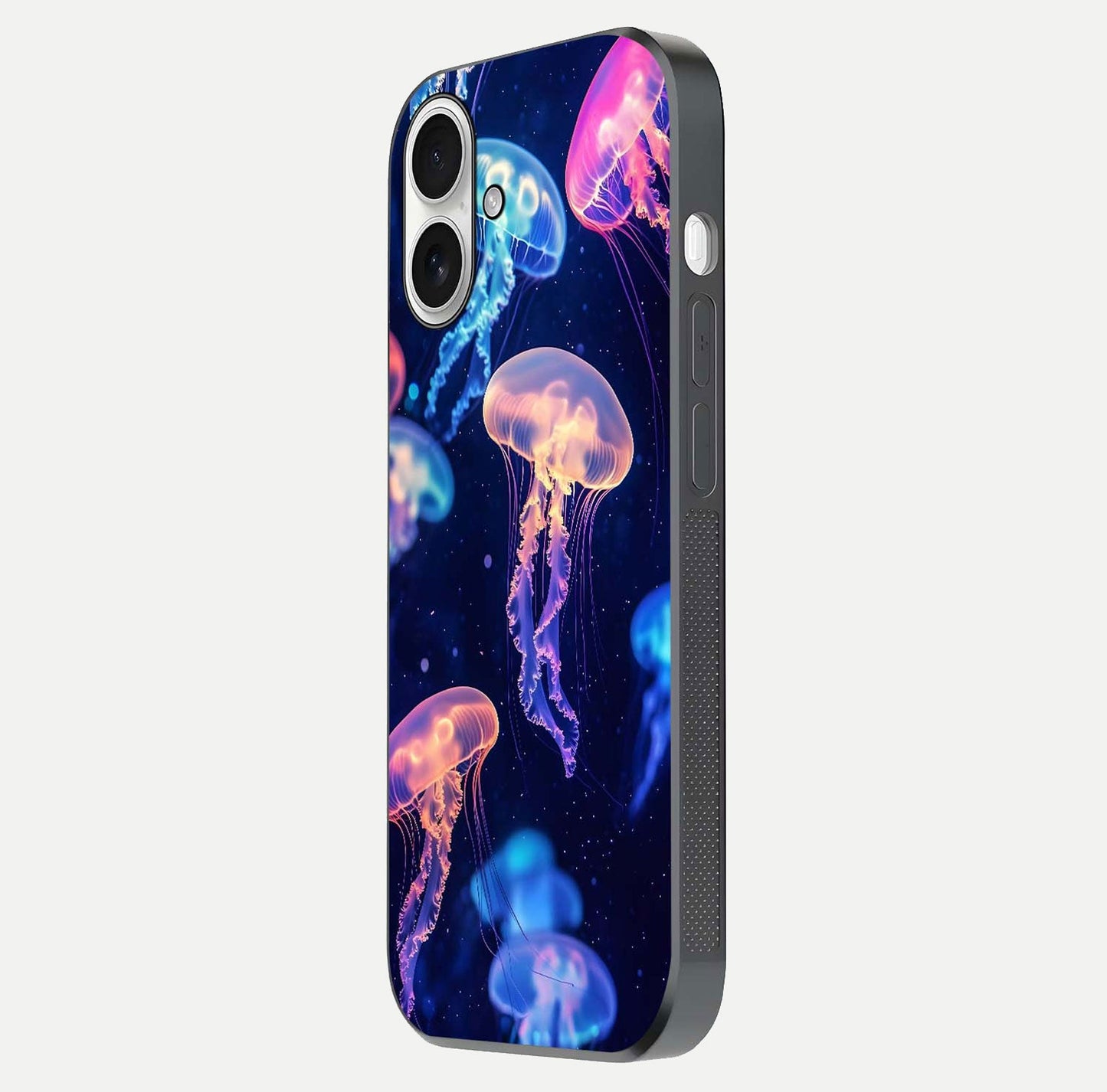 Jellyfish Pattern Glass Case for iPhone 17 side-angle image showing reflection glow and soft water-blue gradient