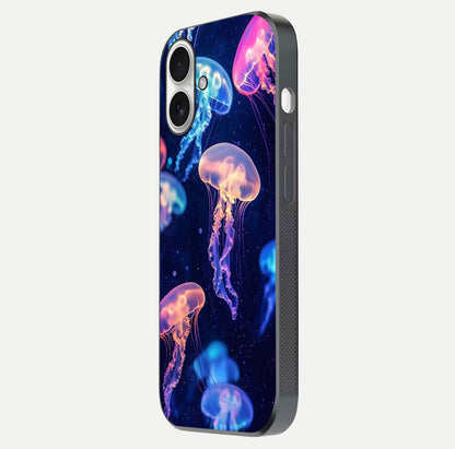 Jellyfish Pattern Glass Case for iPhone 17 side-angle image showing reflection glow and soft water-blue gradient