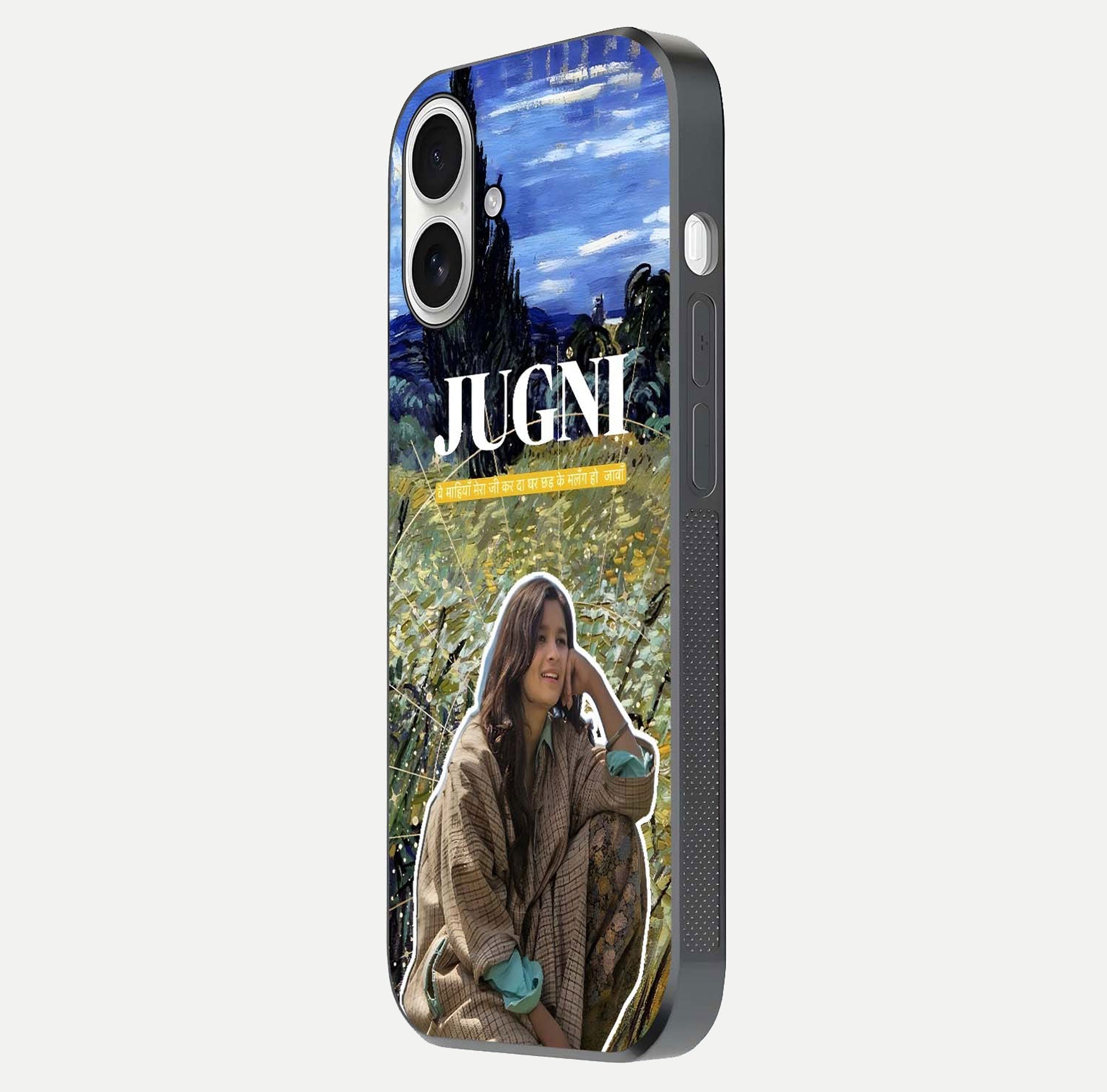 Jugni Soul Vibes Glass Case for iPhone 17 side-angle image with stylish typography and HD finish