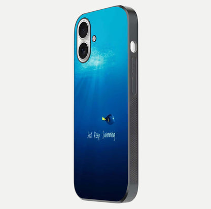 Just Keep Swimming Glass Case for iPhone 17 side-angle image highlighting reflective surface and positive quote