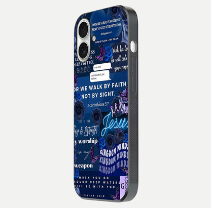 Kingdom Faith Glow Glass Case for iPhone 17 side-angle image with reflective cross and faith glow
