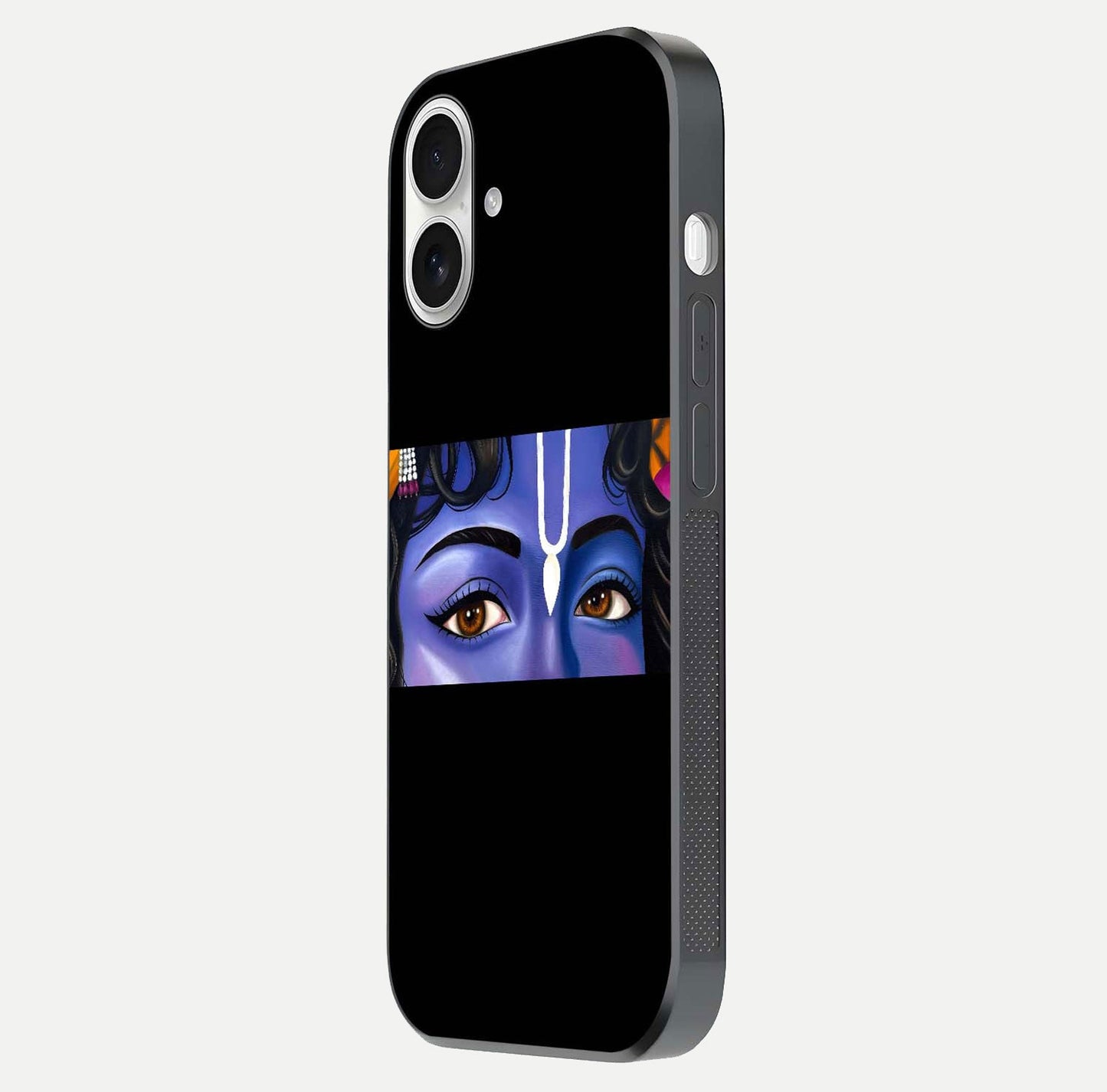 Krishna Eye Glass Case for iPhone 17 side-angle image showing reflection clarity and Krishna symbol design