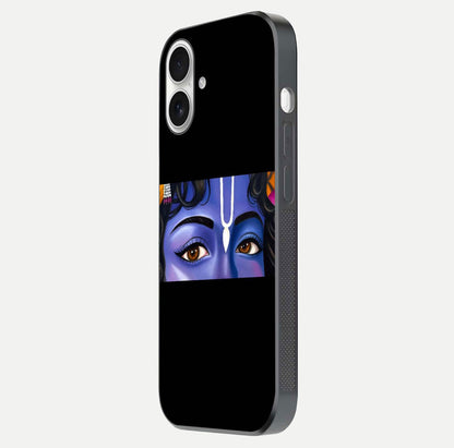Krishna Eye Glass Case for iPhone 17 side-angle image showing reflection clarity and Krishna symbol design