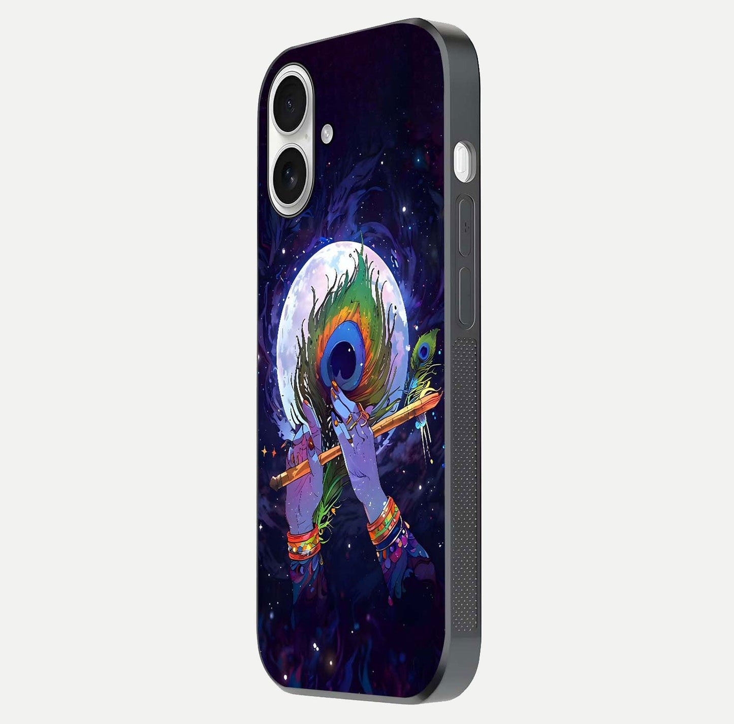 Krishna Hands Art Glass Case for iPhone 17 side-angle image highlighting reflection brightness and vivid print