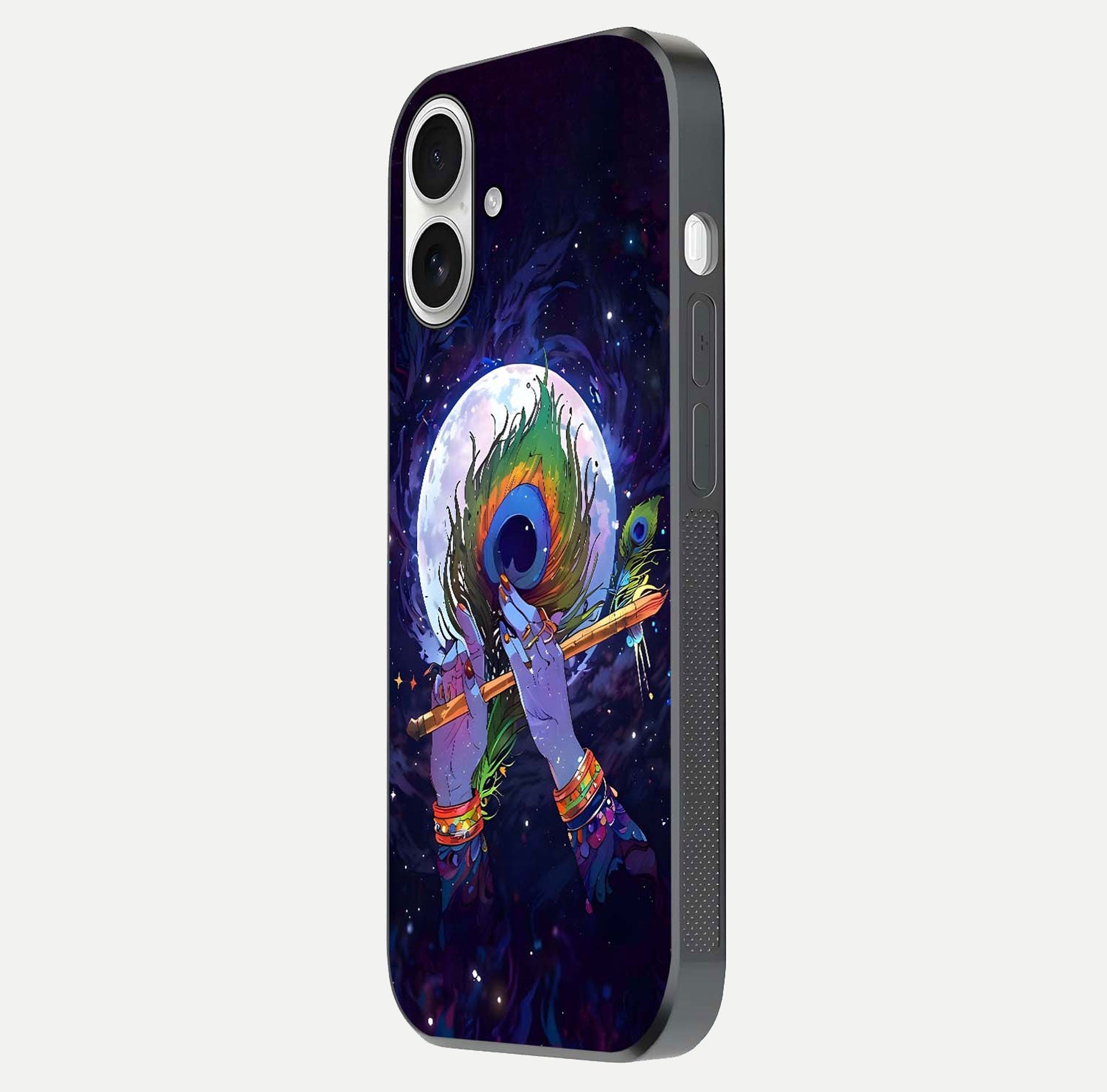 Krishna Hands Art Glass Case for iPhone 17 side-angle image highlighting reflection brightness and vivid print