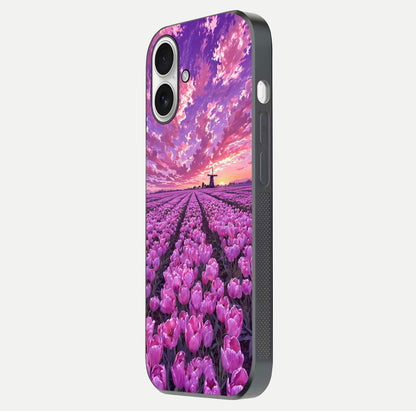 Lavender Dream Skies Glass Case for iPhone 17 side-angle image showing reflection depth and serene tones