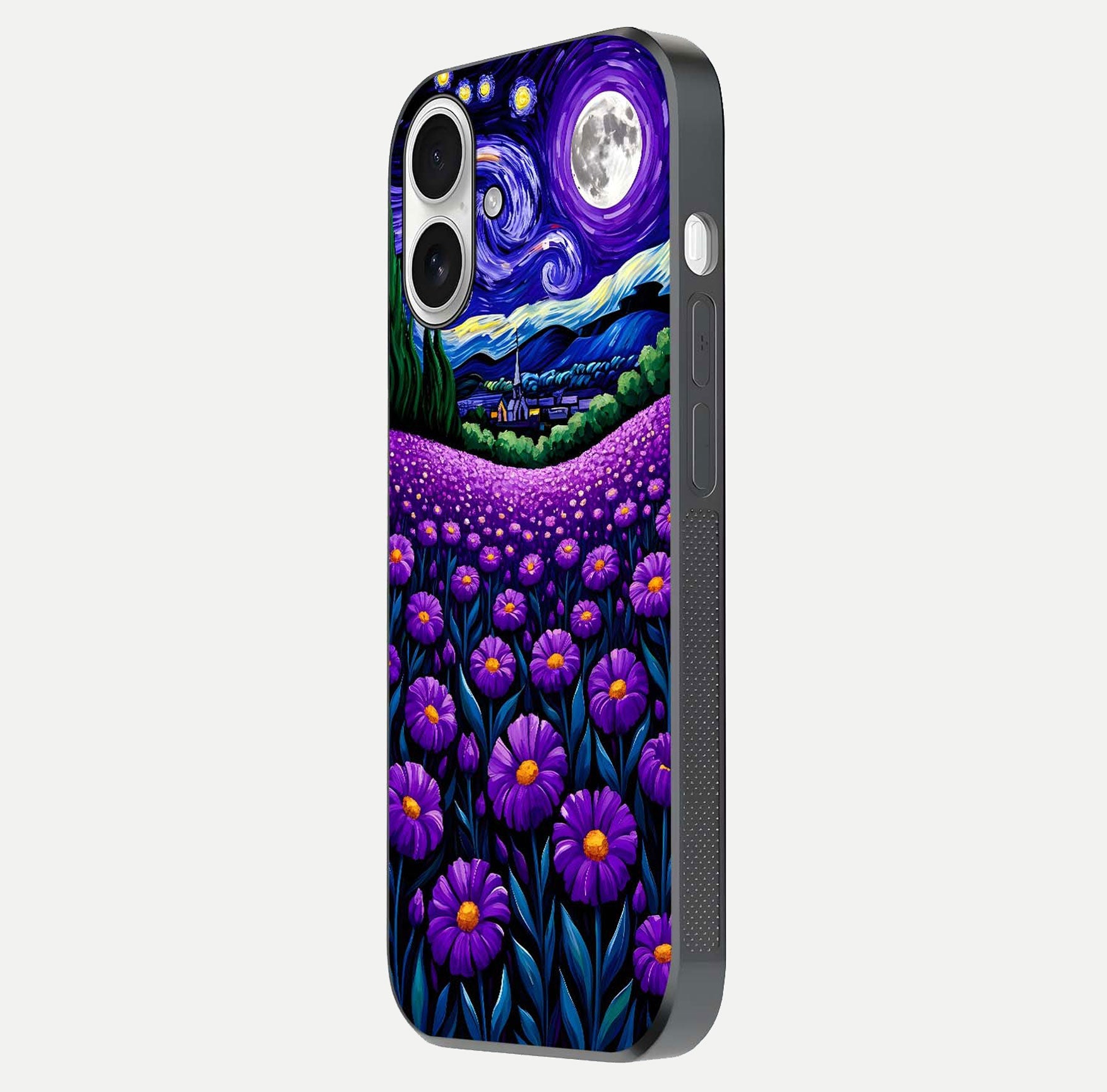 Lavender Moon Field Glass Case for iPhone 17 side-angle image showing HD reflection and moonlit lavender art