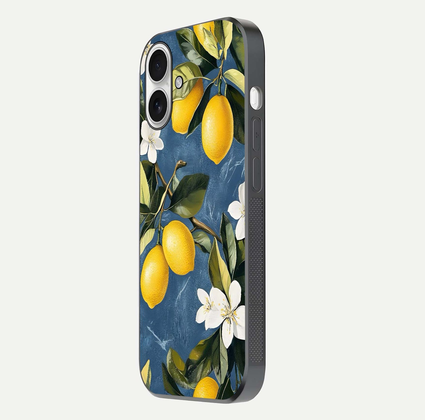 Lemon Dream Garden Glass Case for iPhone 17 side-angle image showing reflection clarity and artistic fruit design