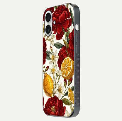 Lemon Rose Charm Glass Case for iPhone 17 side-angle image revealing reflection depth and vibrant flower art