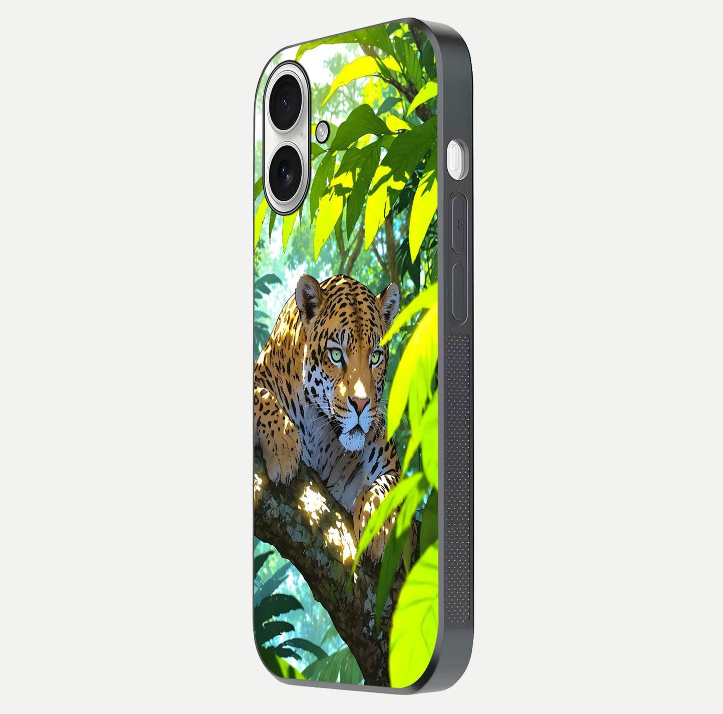 Leopard in Jungle Glass Case for iPhone 17 side-angle shot emphasizing contrast and fierce design clarity