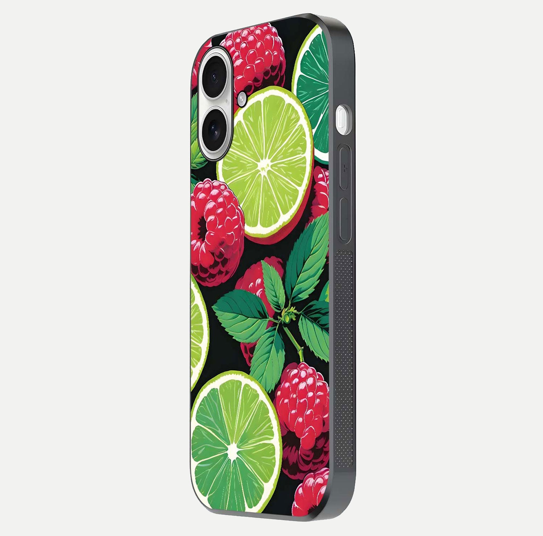 Lime and Raspberry Pattern Glass Case for iPhone 17 side-angle view revealing colorful fruit artwork details
