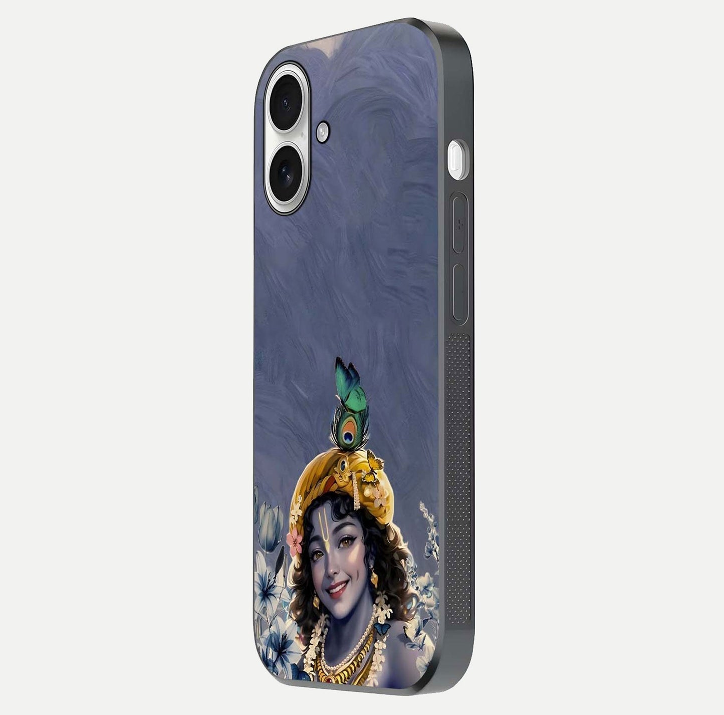 Lord Krishna Glass Case for iPhone 17 side-angle image emphasizing premium reflection and sacred motif