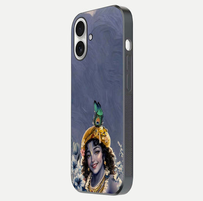 Lord Krishna Glass Case for iPhone 17 side-angle image emphasizing premium reflection and sacred motif