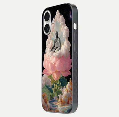 Lotus Divine Peace Glass Case for iPhone 17 side-angle shot showing elegant shine and floral symmetry