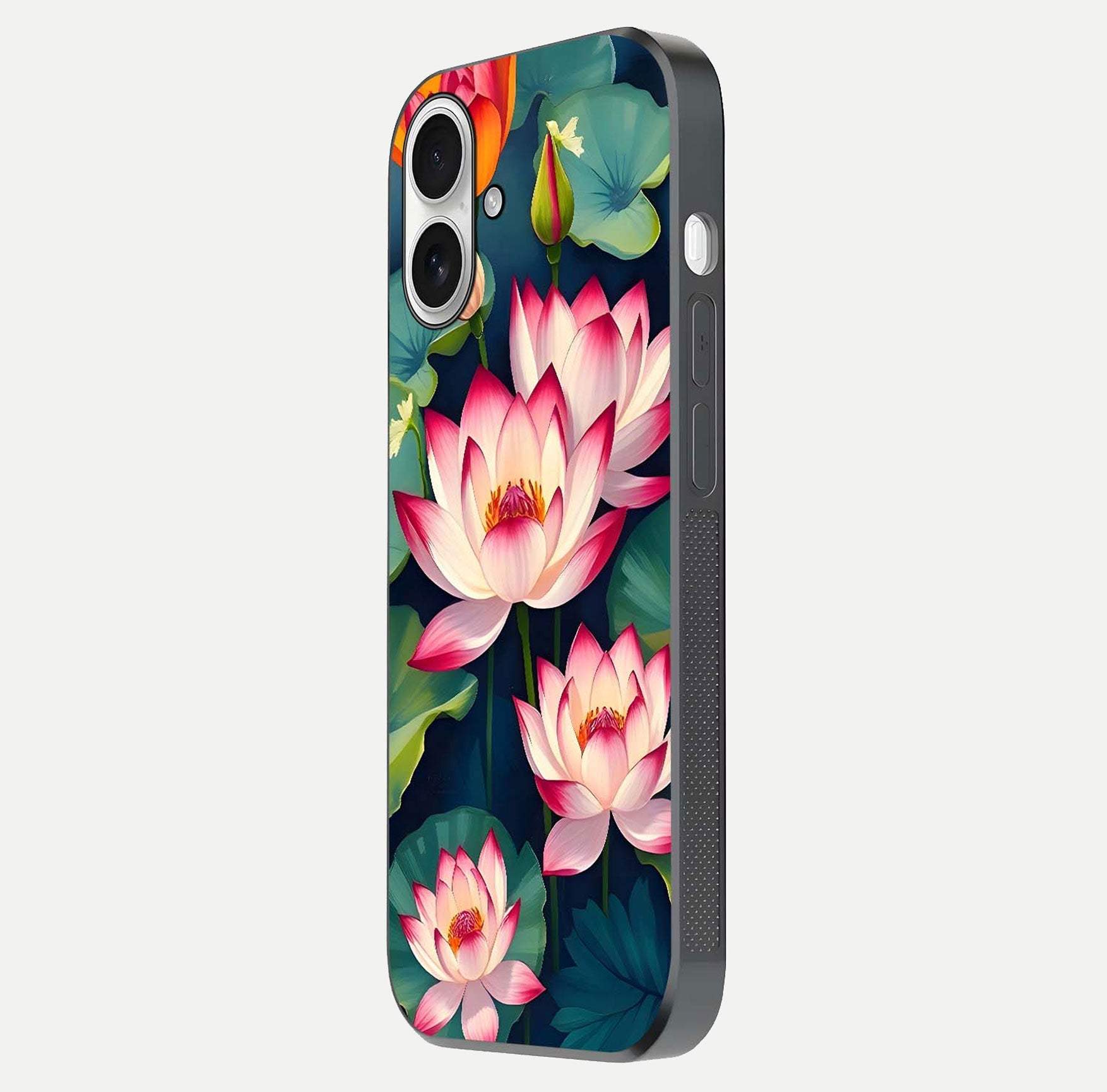 Lotus Dream Serenity Glass Case for iPhone 17 side-angle image revealing reflection clarity and calm tones