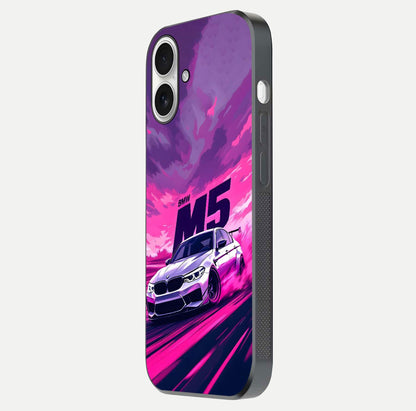 MS Neon Car Glass Case for iPhone 17 side-angle image showing glow reflection and car detailing