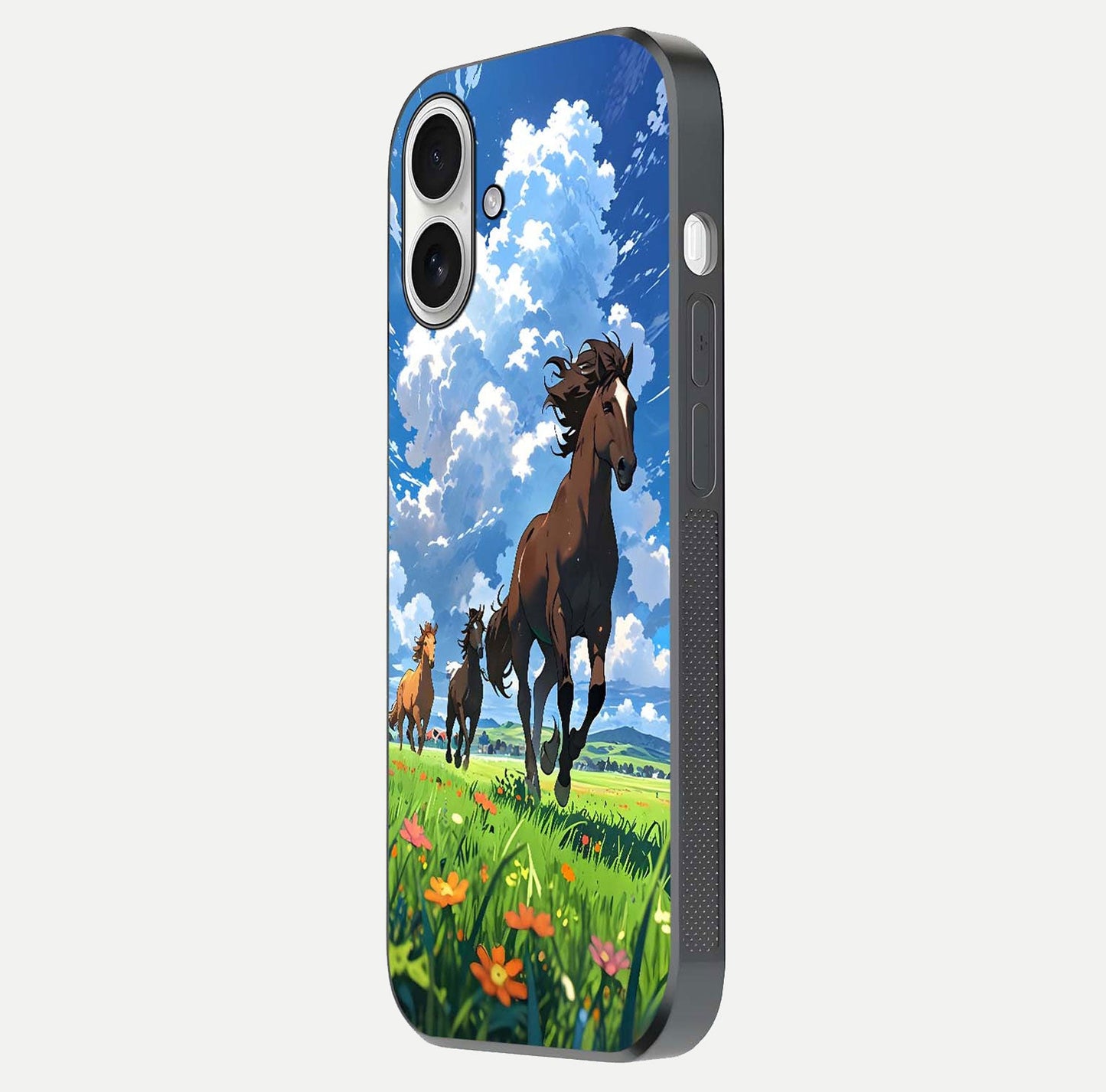 Majestic Horses Galloping Glass Case for iPhone 17 side-angle shot emphasizing reflection and running artwork