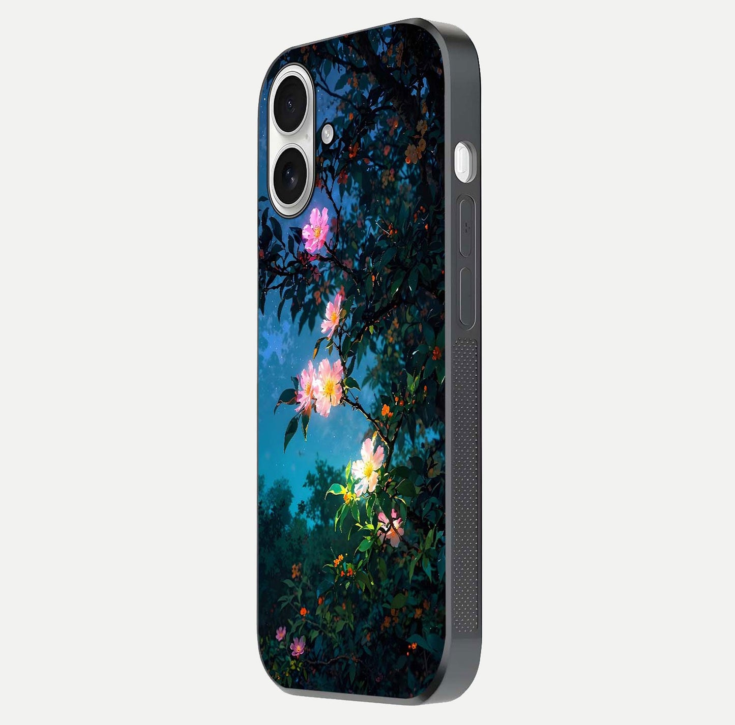 Midnight Bloom Glow Glass Case for iPhone 17 side-angle image revealing reflection and deep midnight hues