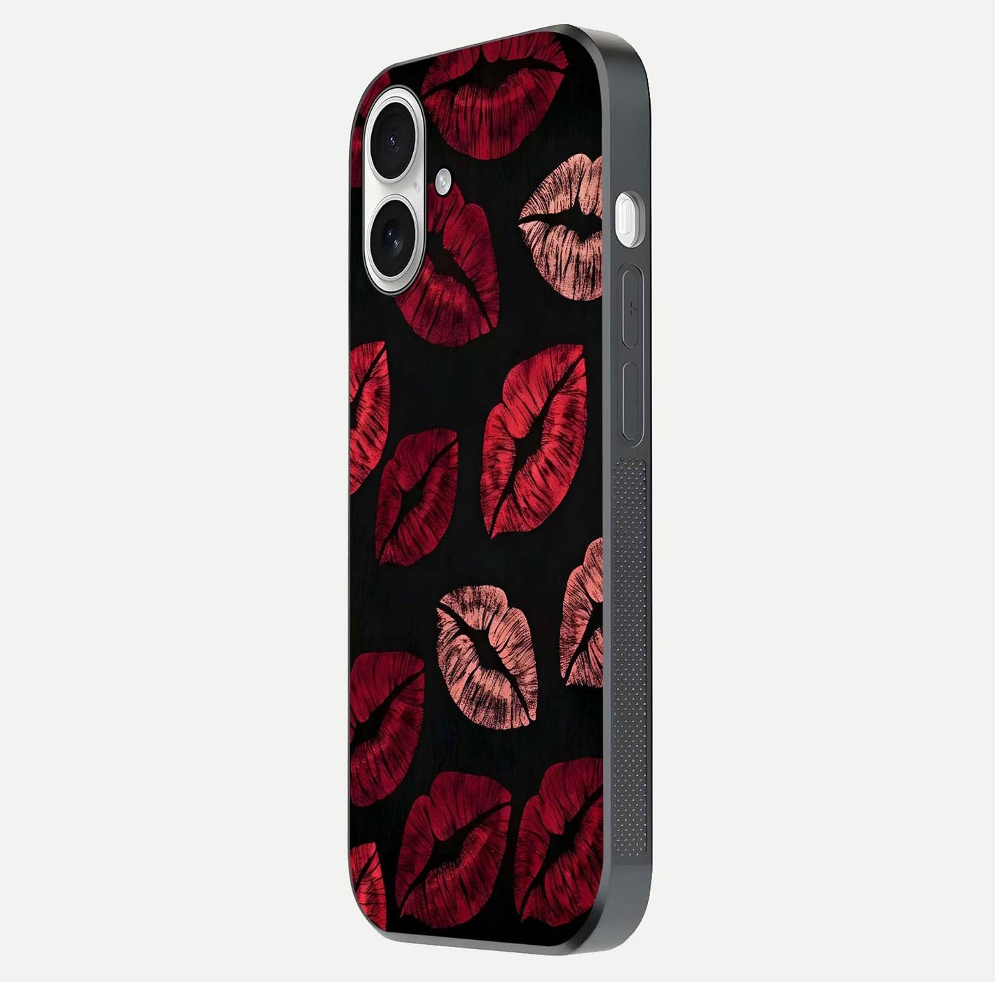 Midnight Kiss Love Glass Case for iPhone 17 side-angle image revealing gloss texture and deep love motif