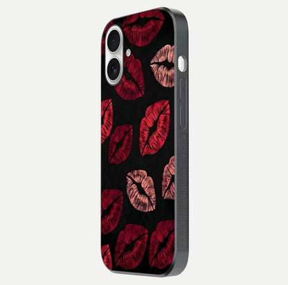 Midnight Kiss Love Glass Case for iPhone 17 side-angle image revealing gloss texture and deep love motif