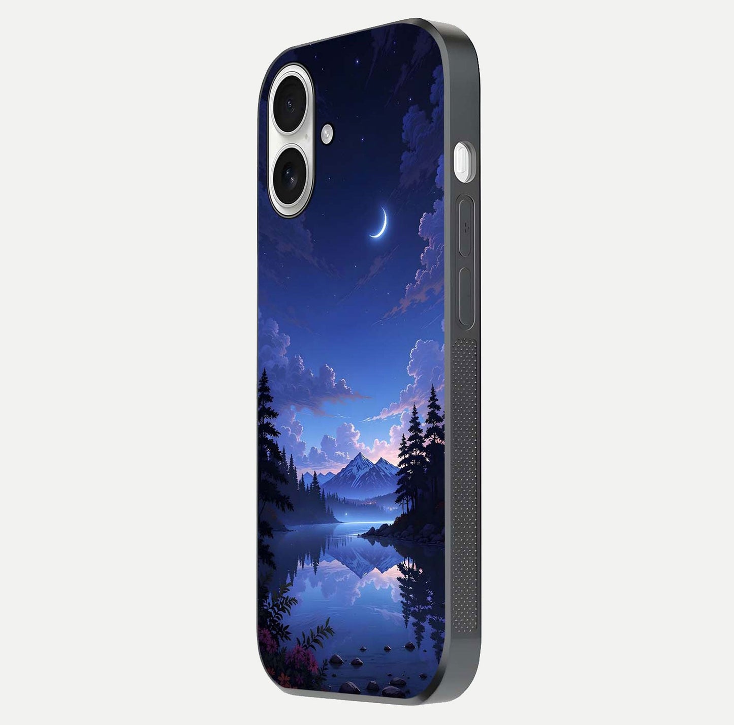 Midnight Lake Peace Glass Case for iPhone 17 side-angle image showing HD shine and tranquil color tones