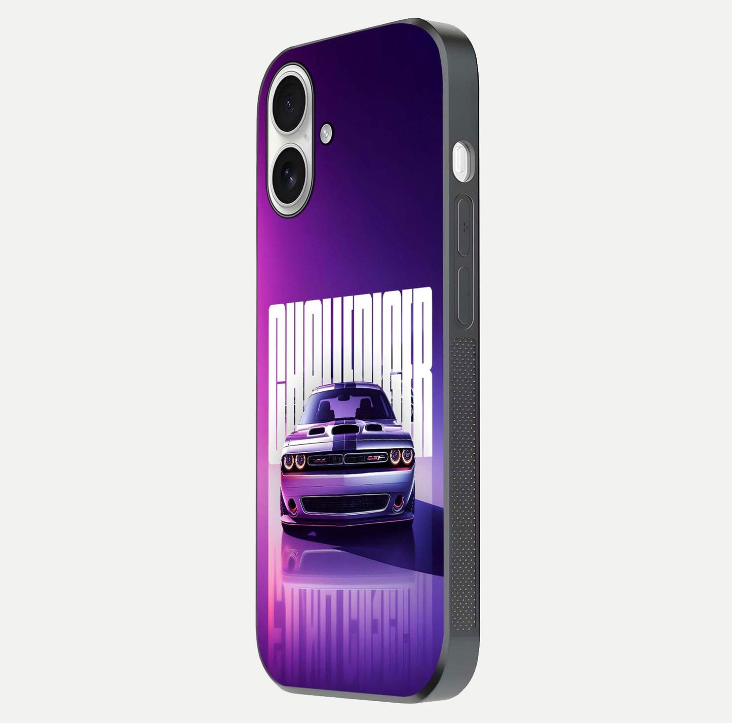 Midnight Muscle Ride Glass Case for iPhone 17 side-angle image showing reflection clarity and bold design