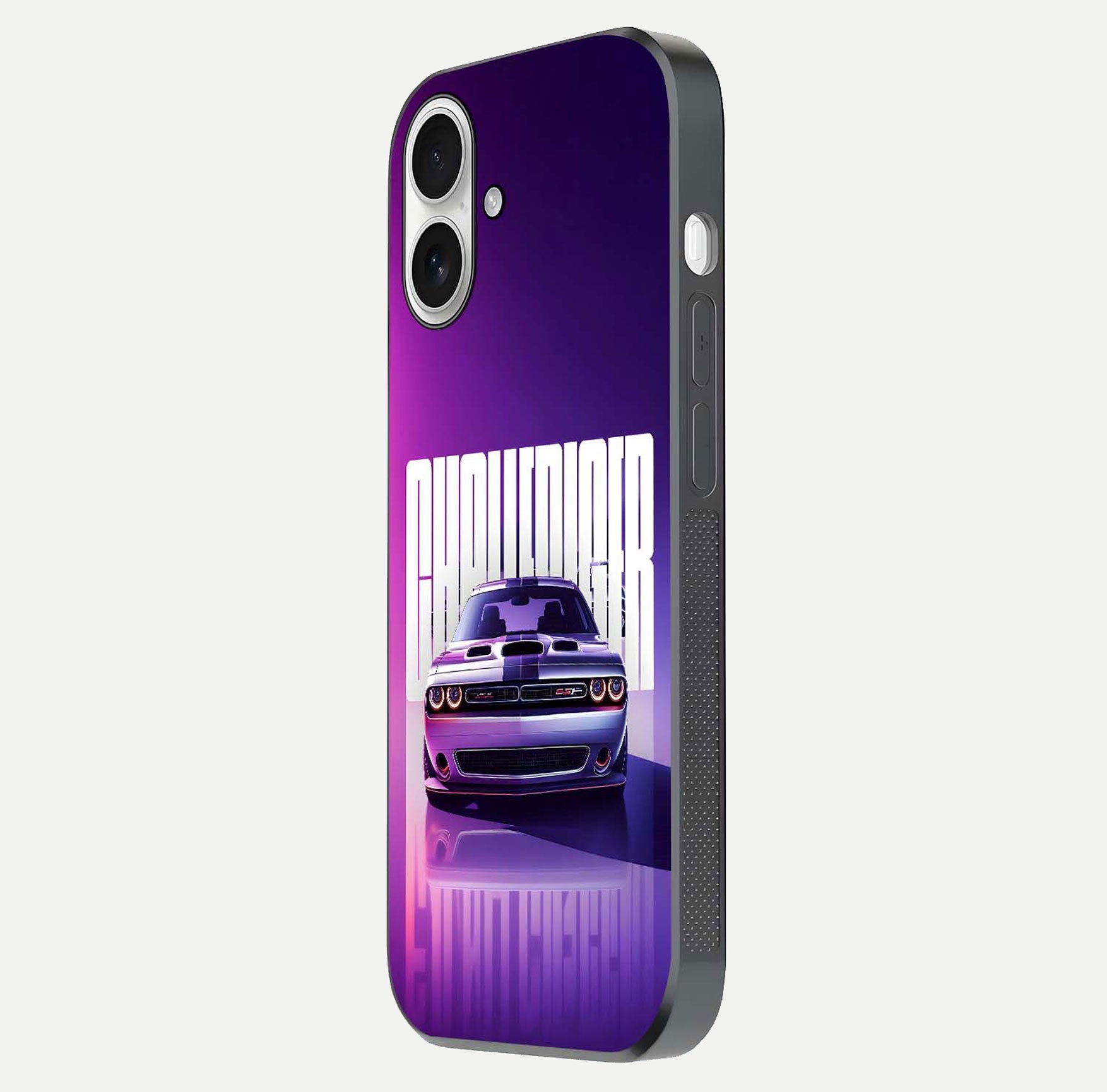 Midnight Muscle Ride Glass Case for iPhone 17 side-angle image showing reflection clarity and bold design