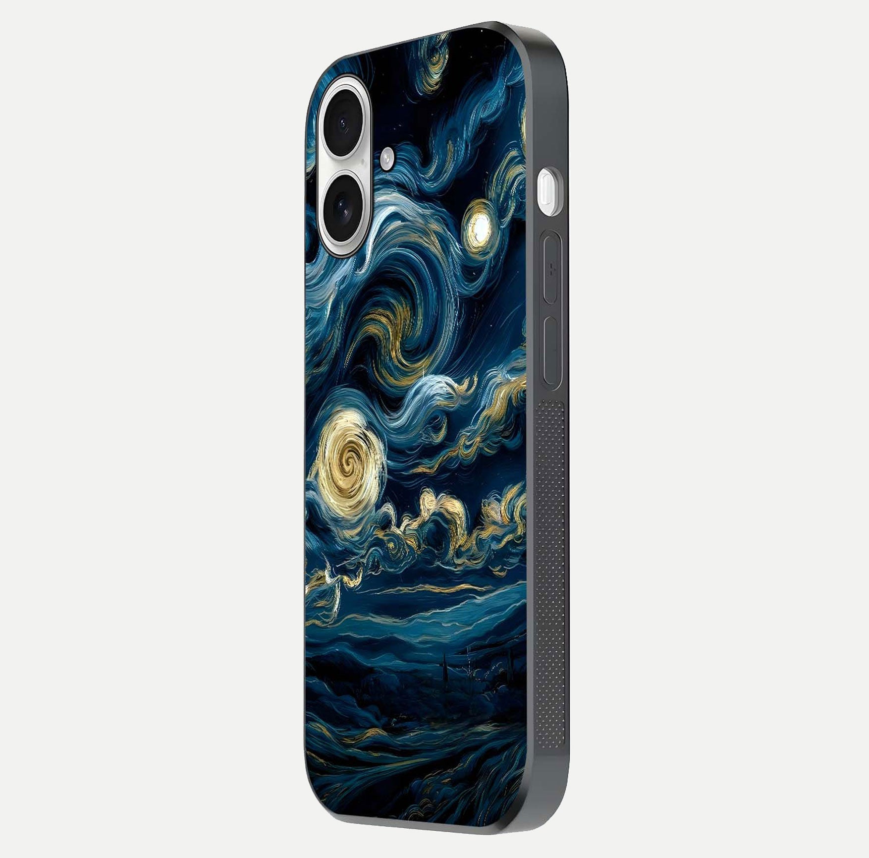 Midnight Sky Whirl Glass Case for iPhone 17 side-angle image showing reflection depth and galaxy pattern