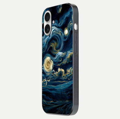 Midnight Sky Whirl Glass Case for iPhone 17 side-angle image showing reflection depth and galaxy pattern