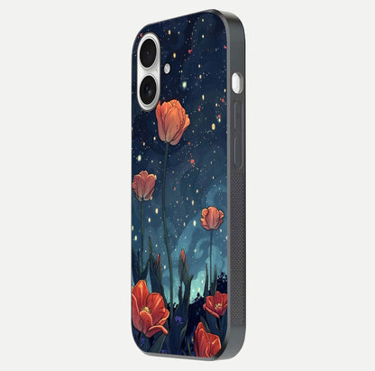 Midnight Tulip Glow Glass Case for iPhone 17 side-angle image showing shine depth and flower artwork