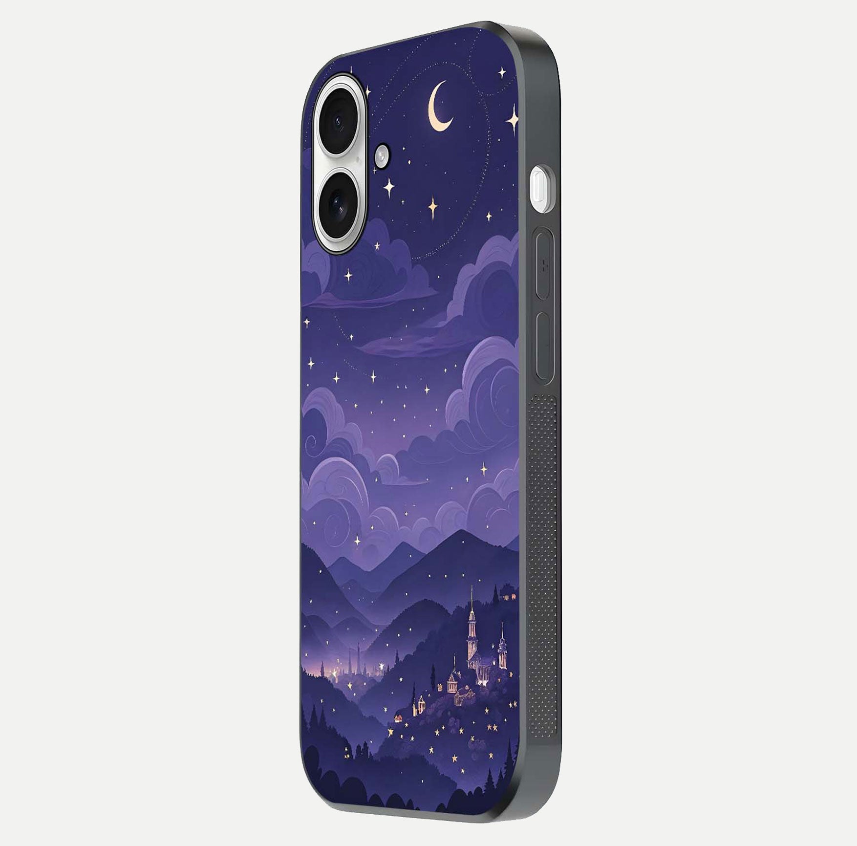 Minimal Night View Glass Case for iPhone 17 side-angle image showing subtle reflection and urban design
