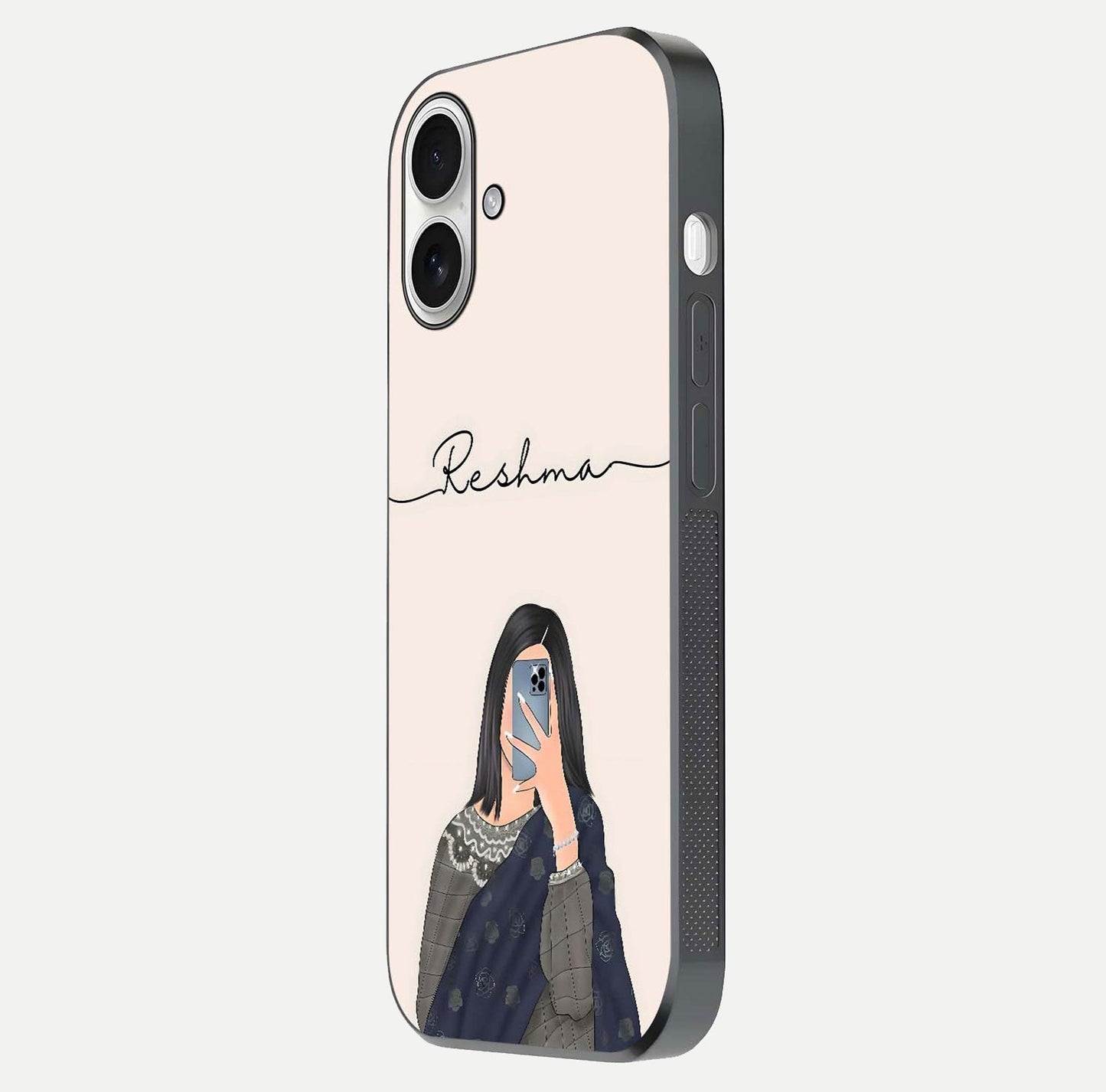 Mirror Mood Muse Custom Name Glass Case for iPhone 17 side-angle image emphasizing glossy mirror texture