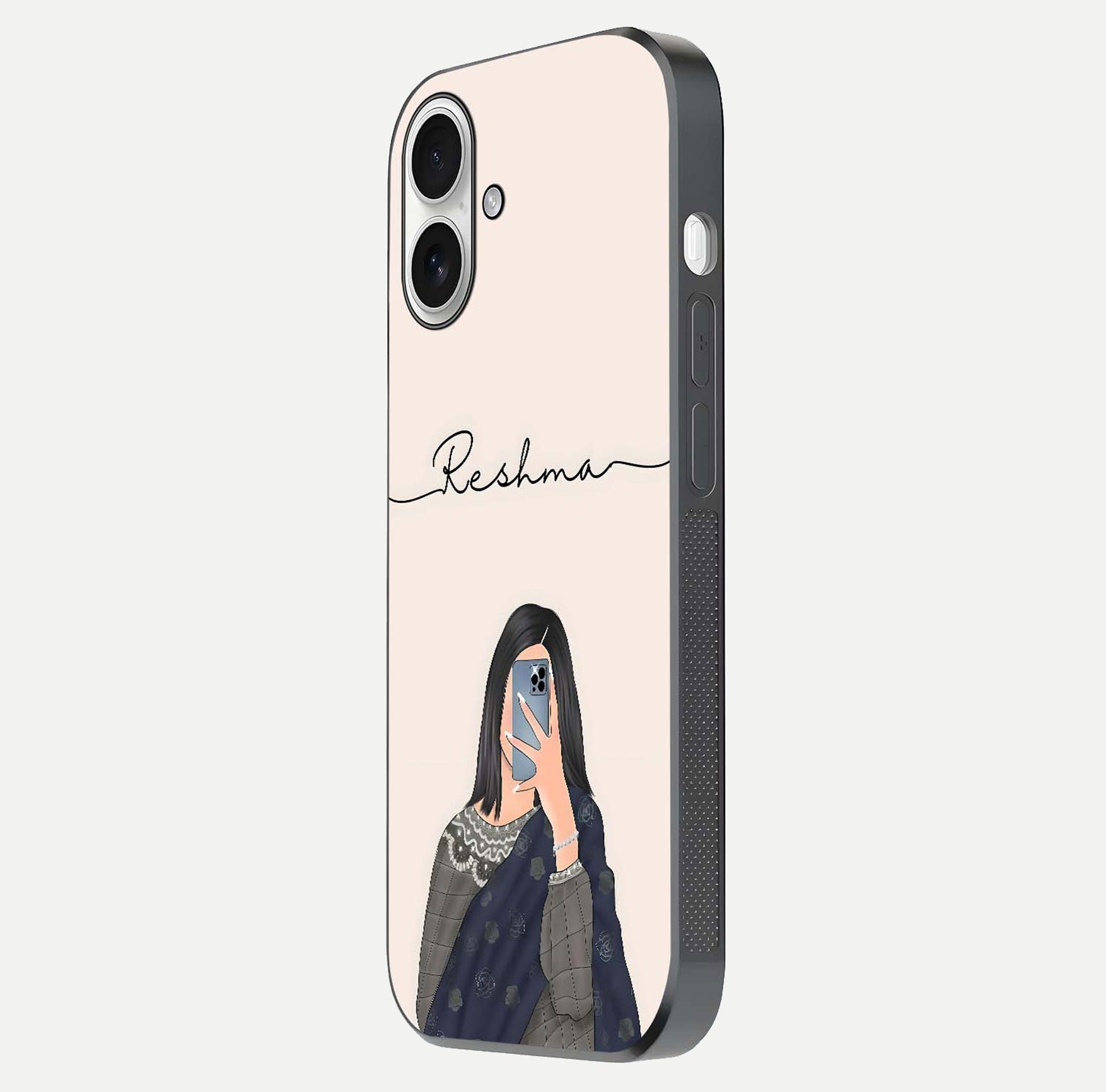 Mirror Mood Muse Custom Name Glass Case for iPhone 17 side-angle image emphasizing glossy mirror texture