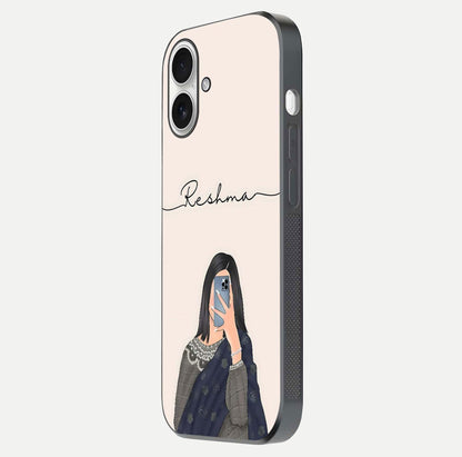 Mirror Mood Muse Custom Name Glass Case for iPhone 17 side-angle image emphasizing glossy mirror texture