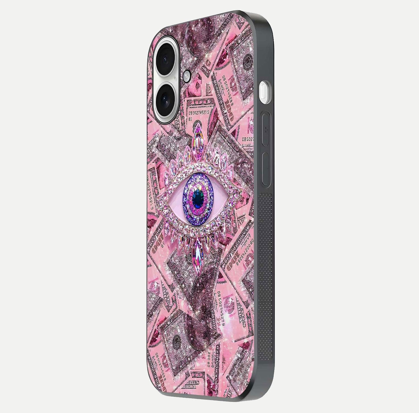 Money Eye Luxe Glass Case for iPhone 17 side-angle image showing HD reflection and luxury print clarity