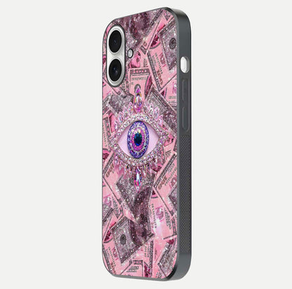 Money Eye Luxe Glass Case for iPhone 17 side-angle image showing HD reflection and luxury print clarity