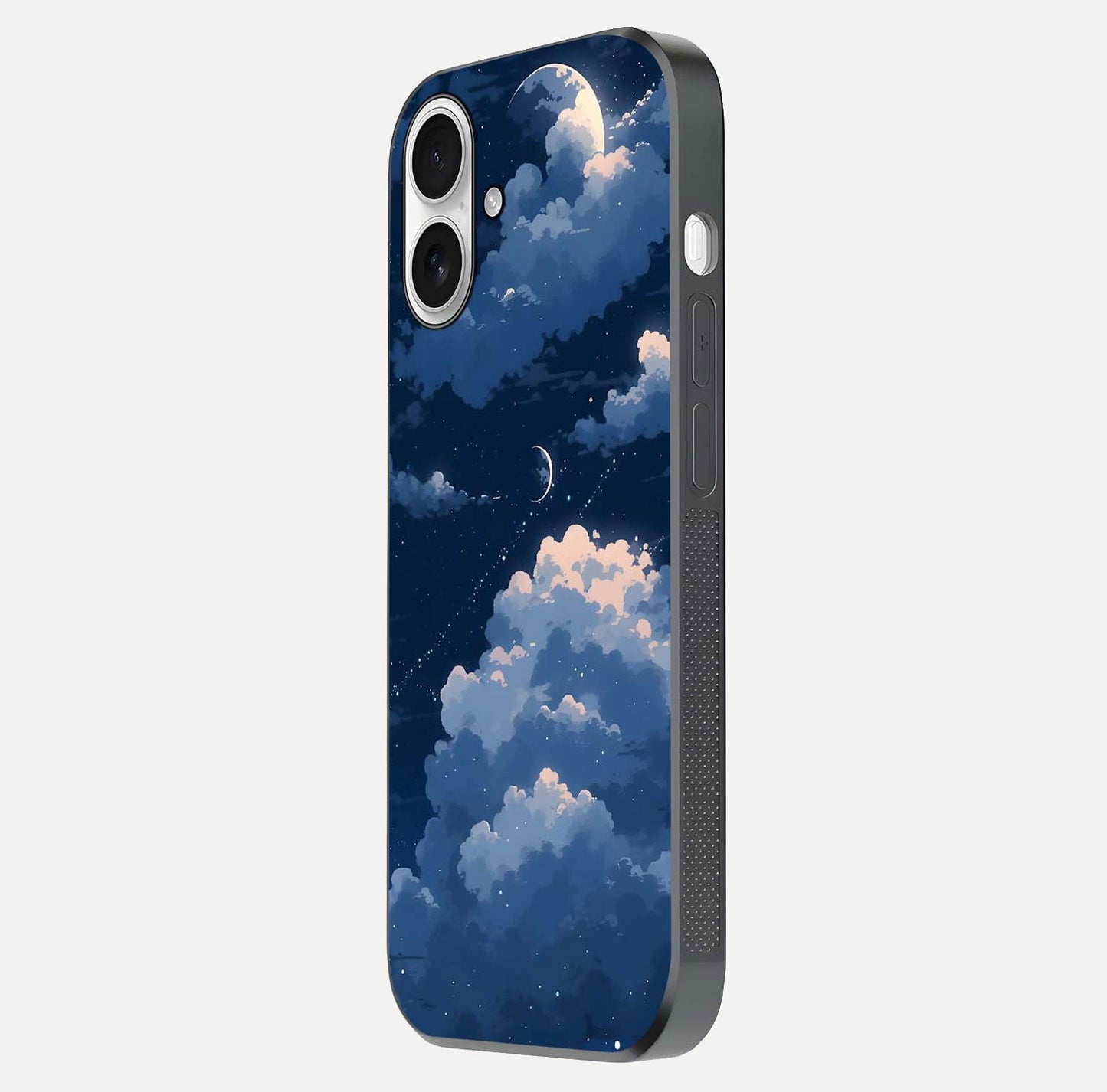 Moon Dream Haze Glass Case for iPhone 17 side-angle image showing HD reflection and moonlight detailing