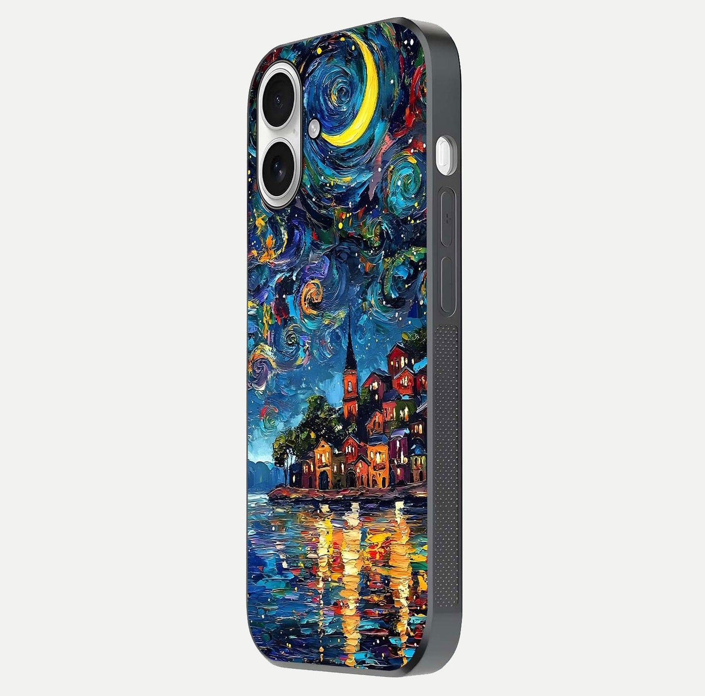 Moonlight Harbor Glow Glass Case for iPhone 17 side-angle image showing reflective surface and ocean tones