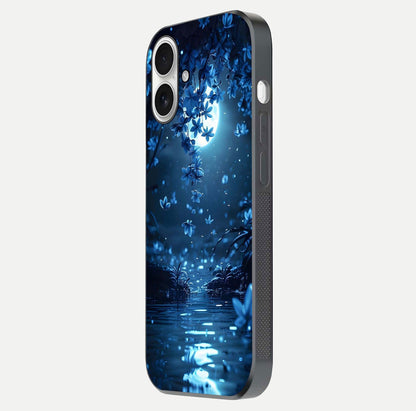 Moonlight Petal Dream Glass Case for iPhone 17 side-angle image showing reflection and petal detail