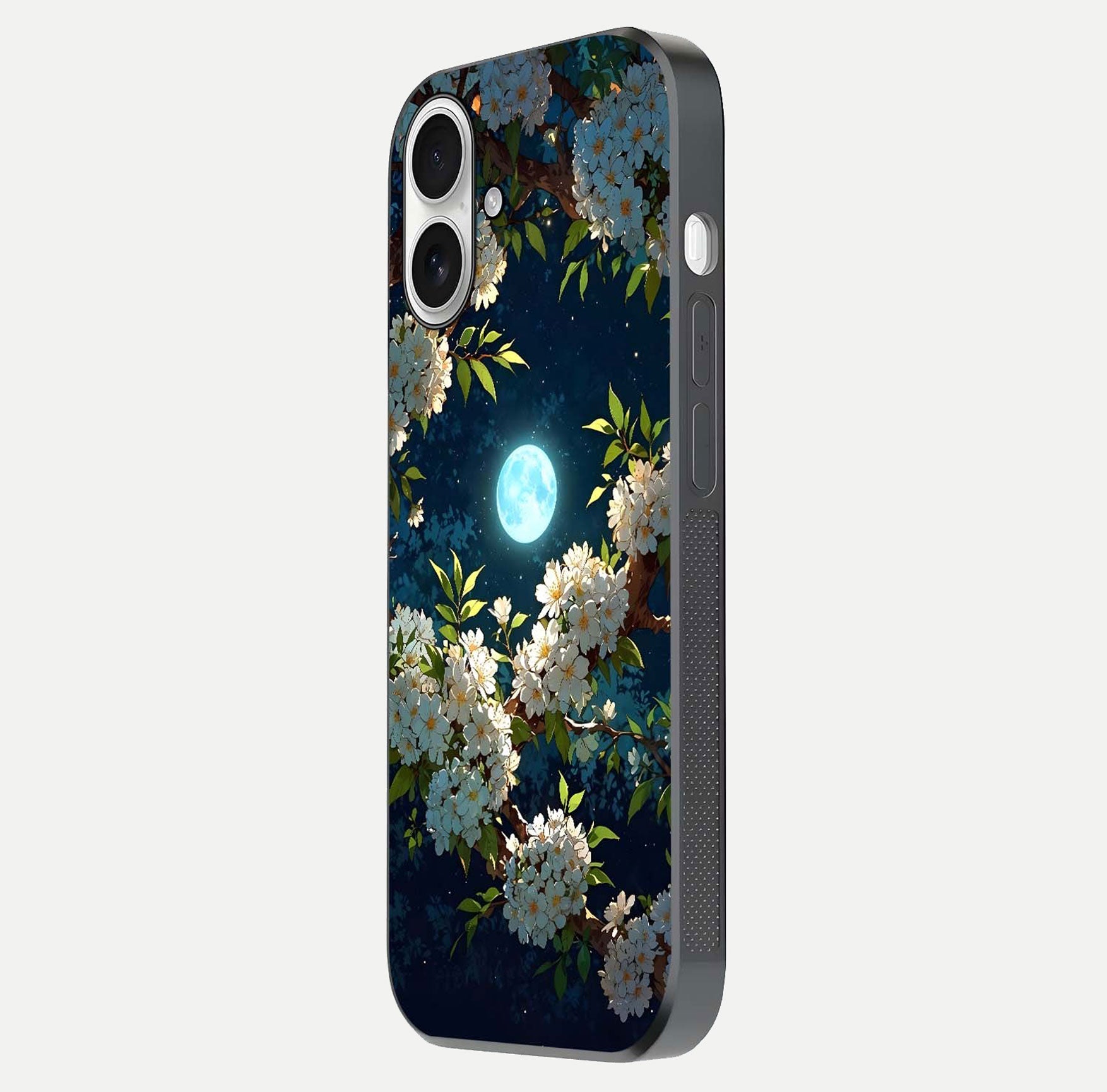 Moonlit Blossom Dream Glass Case for iPhone 17 side-angle image showing shine depth and flower glow