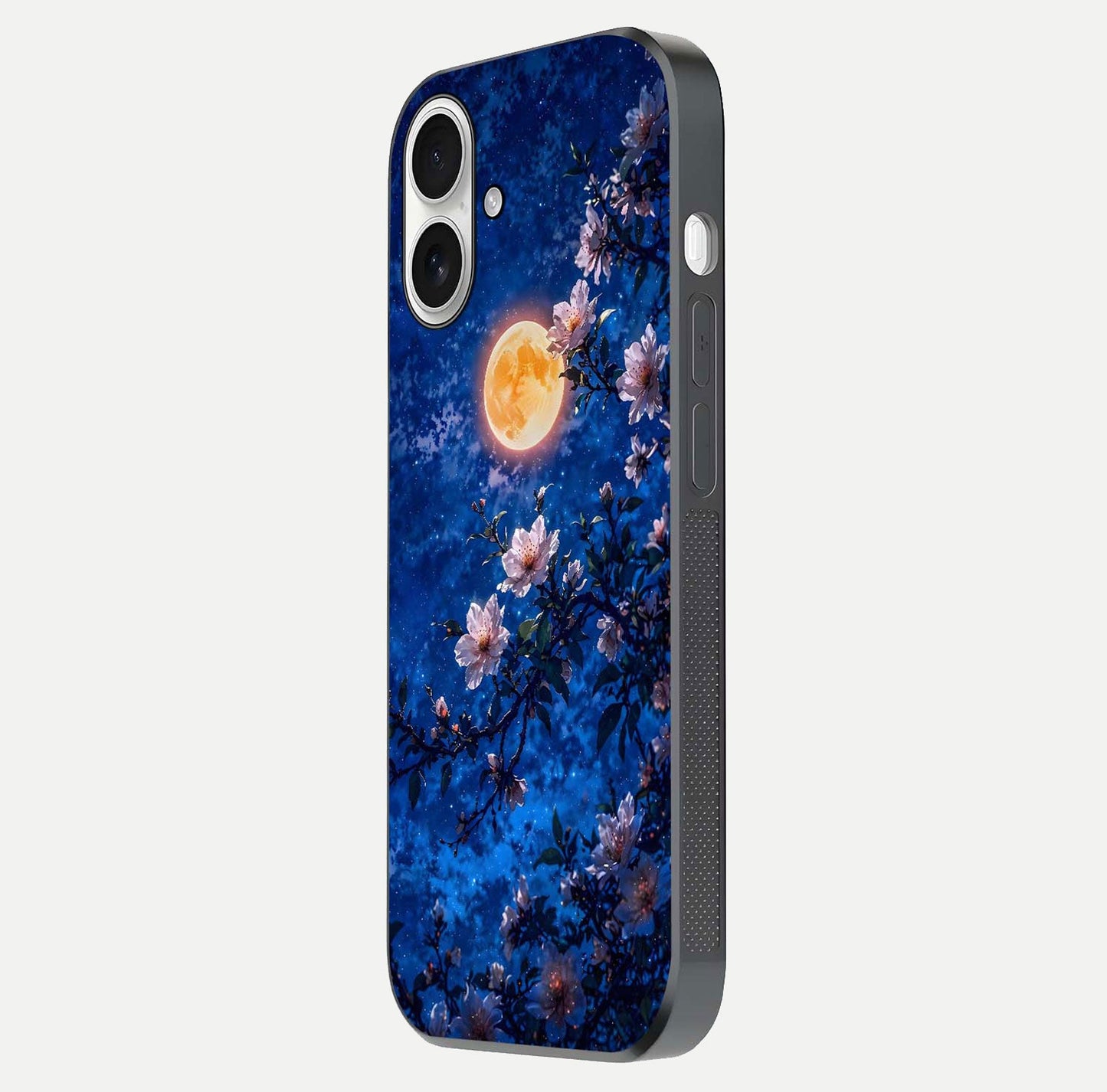 Moonlit Blossoms Night Glass Case for iPhone 17 side-angle image revealing shine and night bloom texture